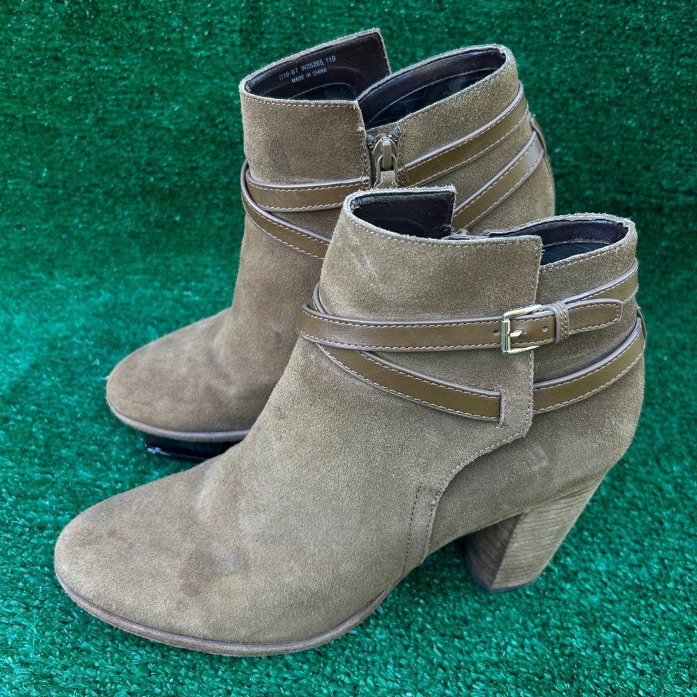 Cole Haan Womens Suede Ankle Boots Brown Buckle Strap Block Heel W05265 Size 11B